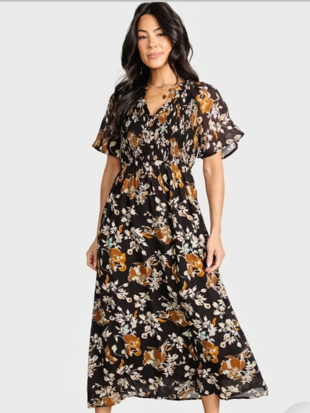 Baltic Born Black Floral Maxi Dress with Mustard Accents